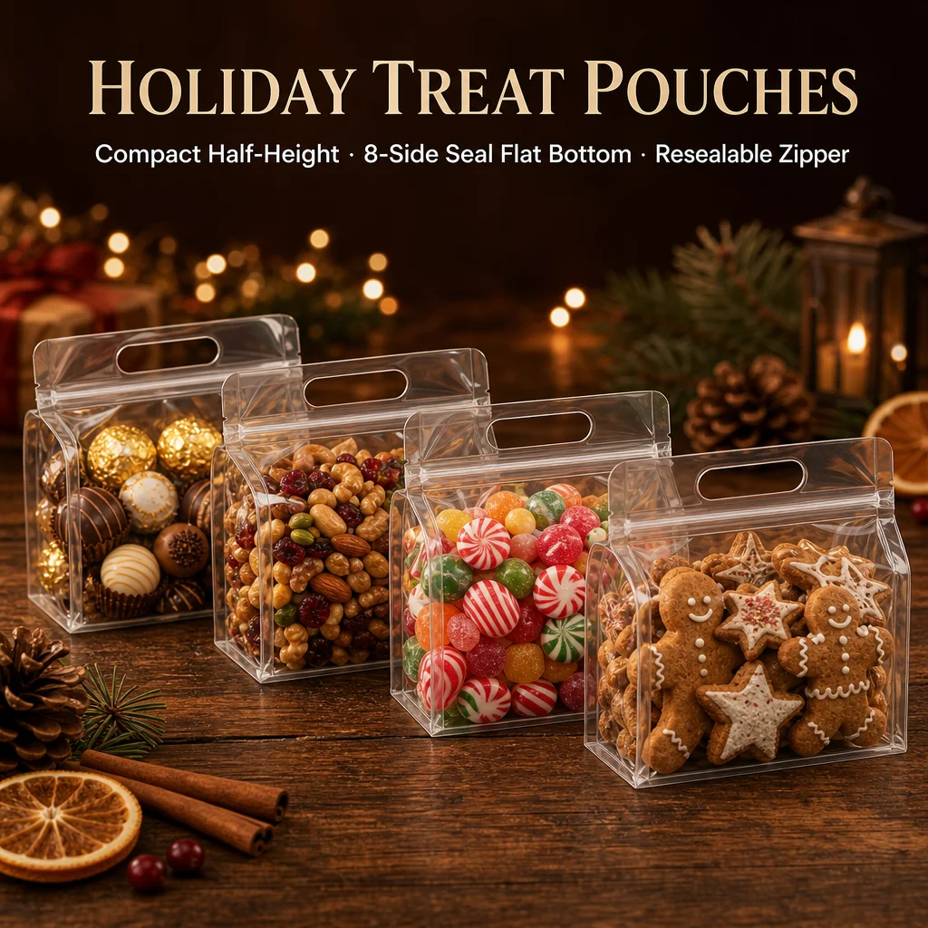 10/30PCS Clear 8-Side Seal Flat Bottom Pouches with Handle Resealable Zipper Bags for Holiday Gift Snack Food