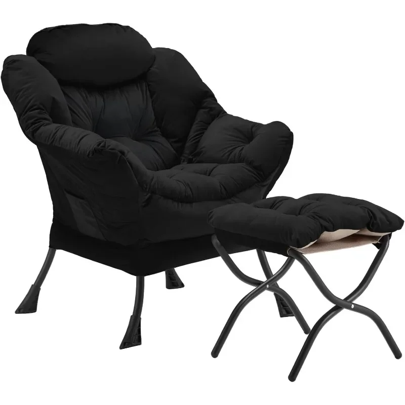 Lazy Chair with Folding Ottoman, Accent Chair Velvet Upholstered with Metal Structure and Non-Slip Pads, Sofa Armchair