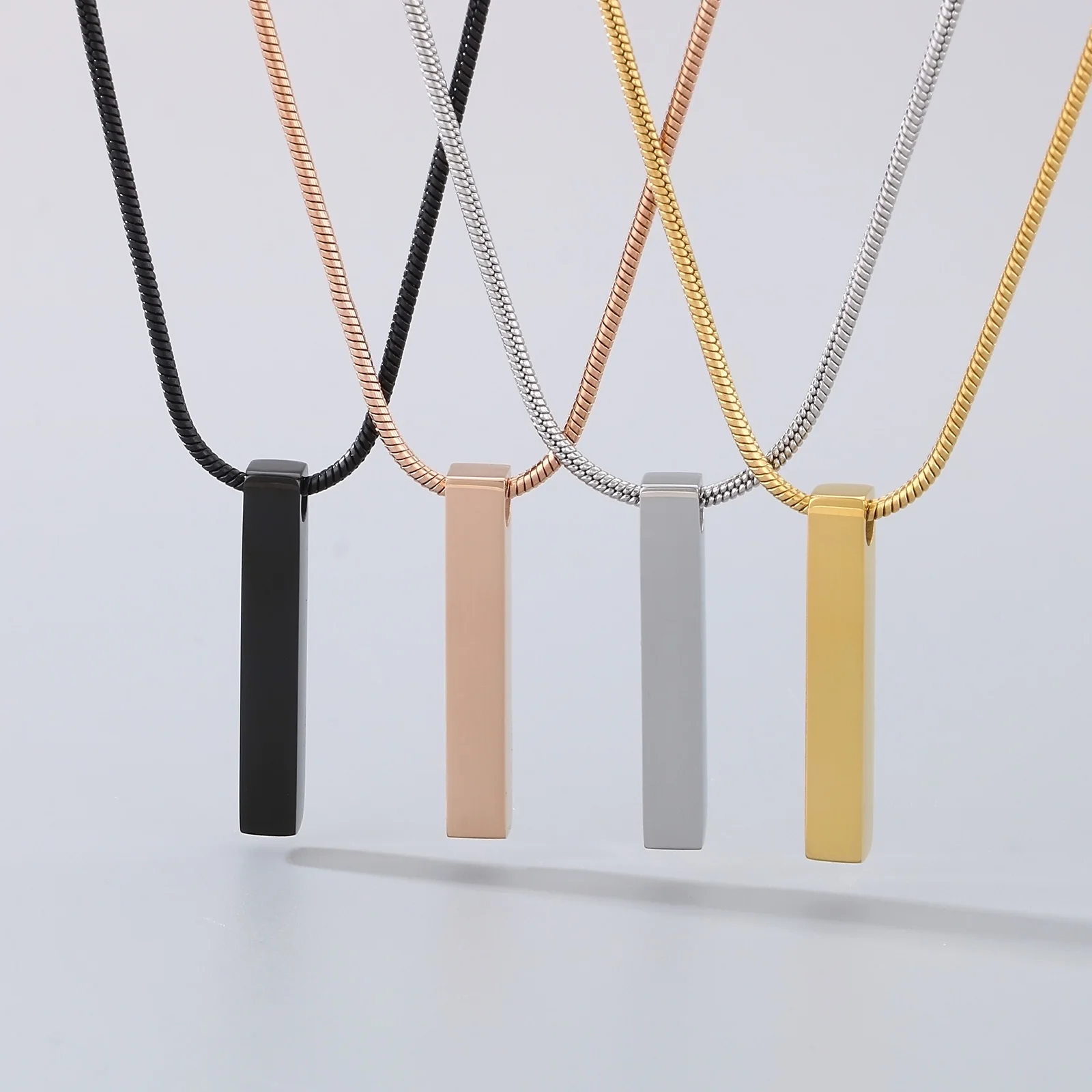 Stainless Steel Square Bar Pendant Can Carving Name Necklace With Snake Chain Charm Necklace For Men Women Jewelry Gift