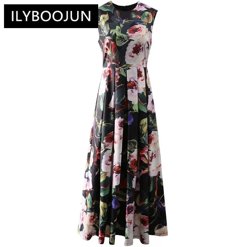 

ILYBOOJUN Fashion Designer Women's New Vintage Sleeveless Printed Pleated Elegant Floral Summer Dress A-Line Tank MIDI Dresses