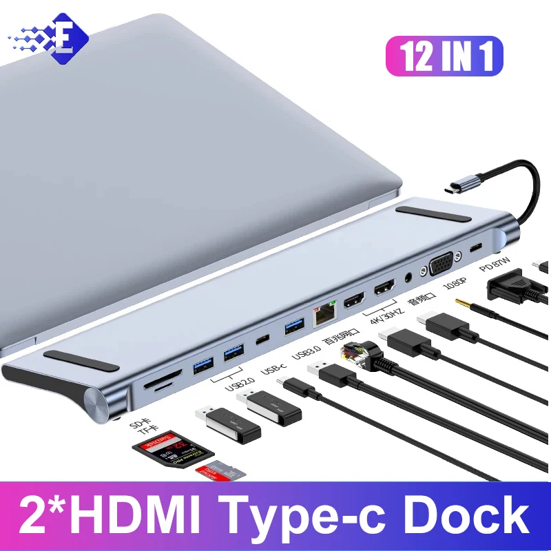 12-in-1 Type C Dock USB C Hub 3.0 Splitter Multiport Adapter 4K HDMI RJ45 SD/TF VGA HDMI PD For Laptop MacBook IPad Xiaomi