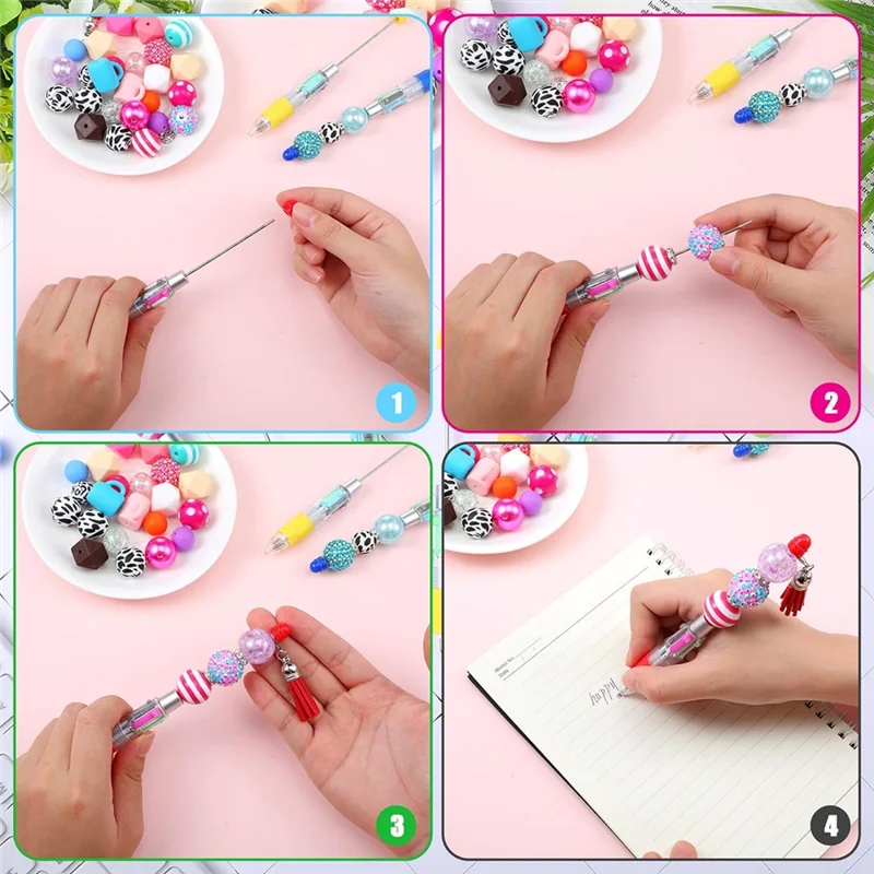 Upgraded 12 Pcs Multicolor Beadable Pens 4In1 Colored Beads Pen Retractable Ballpoint Pens For DIY Making Kit Students Children