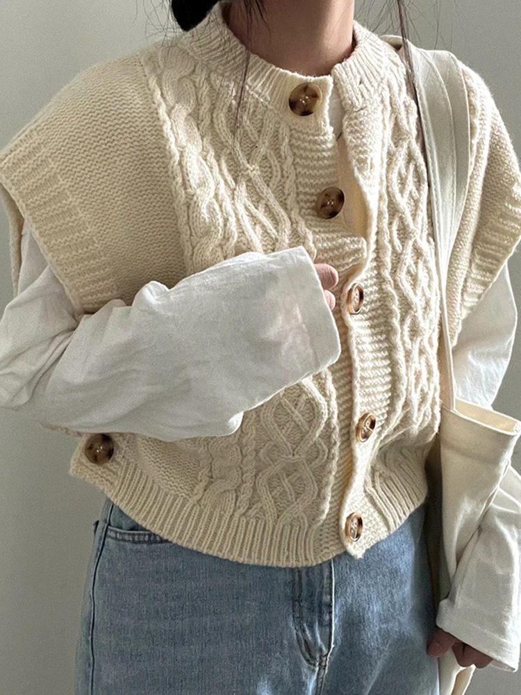 Retro Twist Knitted Sweater Vest Women's Autumn Winter Short Sleeveless Outerwear Top Half High Collar Single Button Polyeste...
