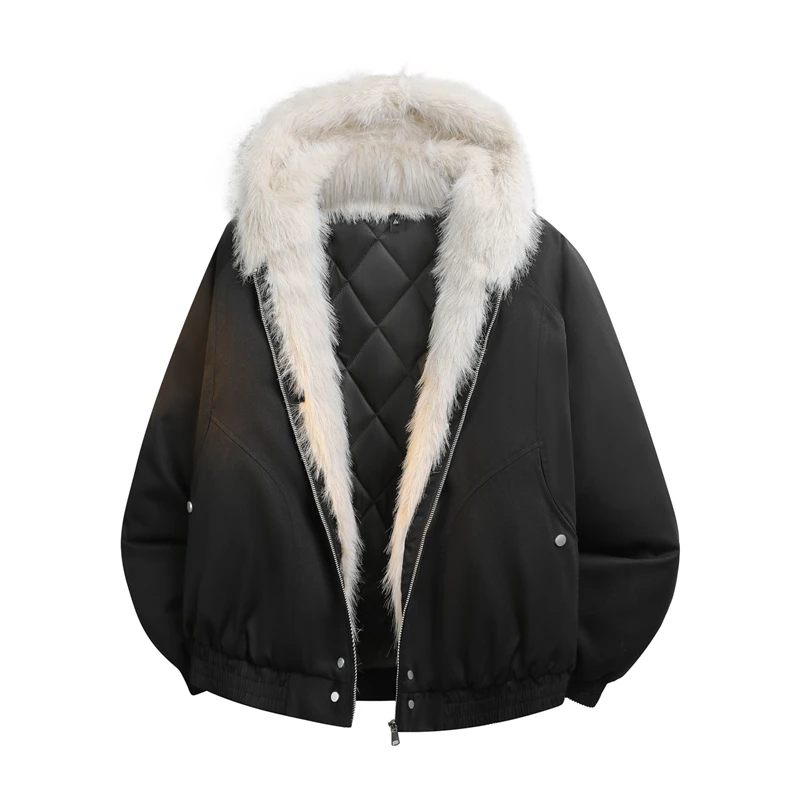 

American Retro Wool-collared Cotton-padded Jackets for Men and Women in Winter Loose Workwear and Fashionable Hooded Jackets Men