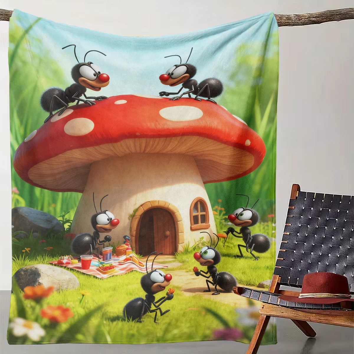 

1 Childlike Ant and Mushroom Picnic Blanket Cute Insect Party Flannel Blanket