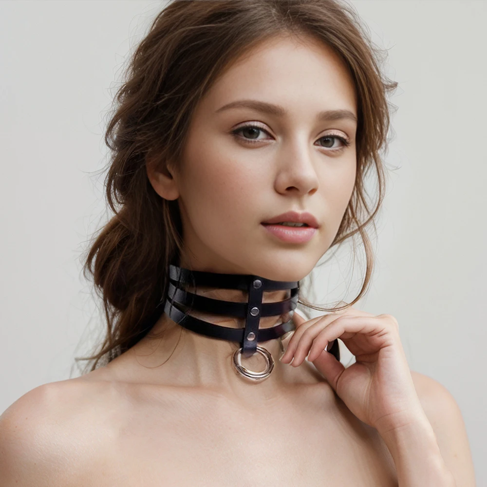 

Sexy O-ring Choker Necklace Slave Collar PU Leather Bondage Neck Straps Belt Round Pendant Studded Fashion Jewelry Accessorie