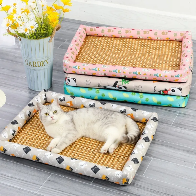 

Pet Summer Sleeping Mats for Cat Cooling Nest Dogs Anti-Slip Breathable Supplies Home Kitten Puppy Rattan Weaving Bed Pad