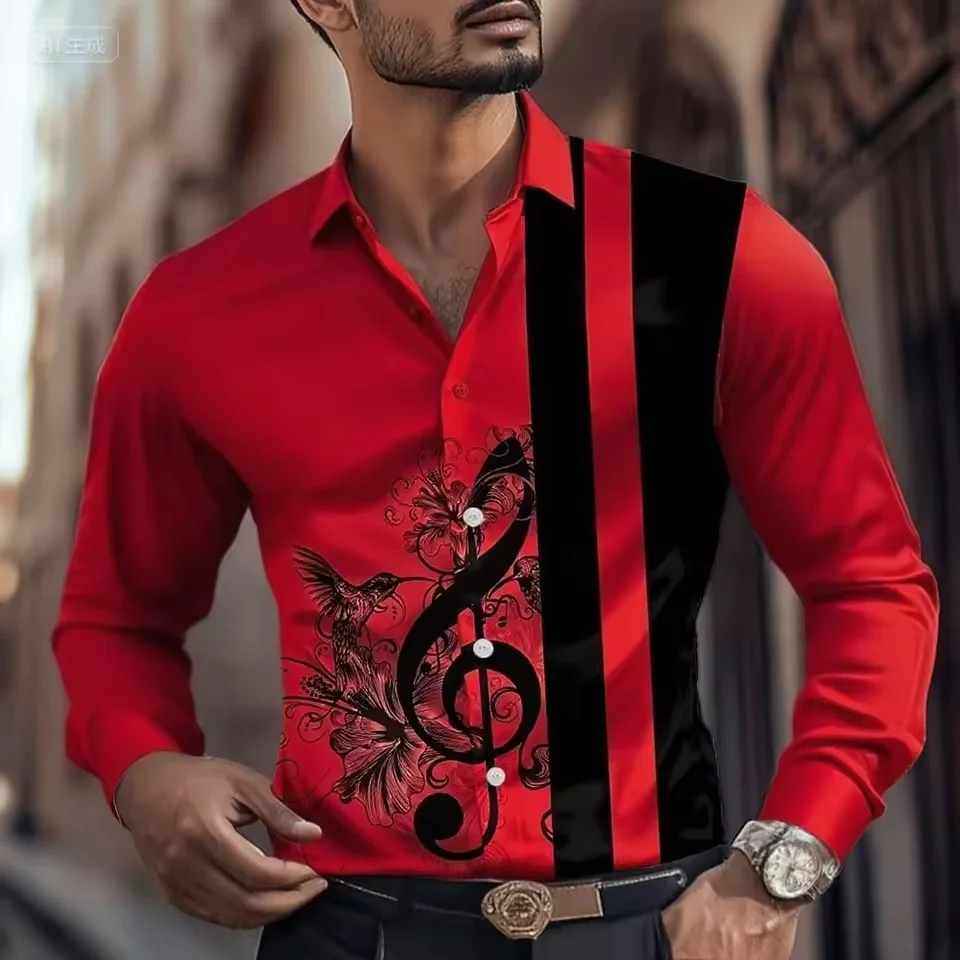 قميص موسيقي مخطط جديد للرجال، قميص بأزرار وأكمام طويلة، أزياء ليلية غير رسمية، قميص طية صدر السترة للخريف، قميص رجالي بمقاس كبير #4