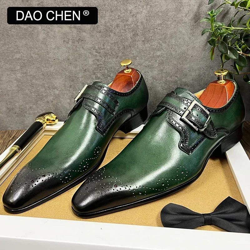 LUXURY DESIGNER MEN'S LOAFERS GENUINE LEATHER MONK STRAP SHOES CASUAL MAN DRESS SHOES BLACK GREEN OFFICE WEDDING SHOES FOR MEN