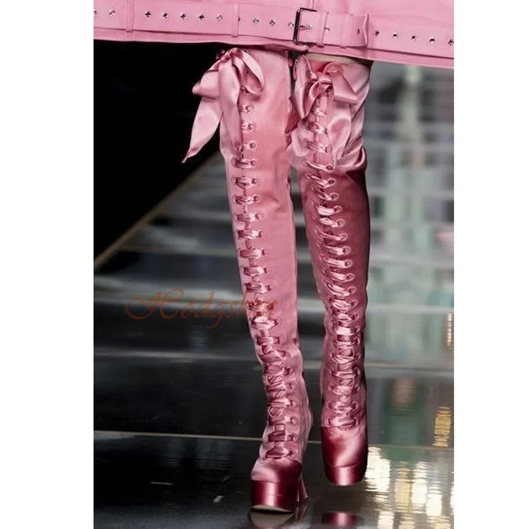 

Silk Cross Tied Thigh High Boots Round Toe Platform Chunky High Heels Lace Up Solid Boots Women Sexy Shoes New Style Designer