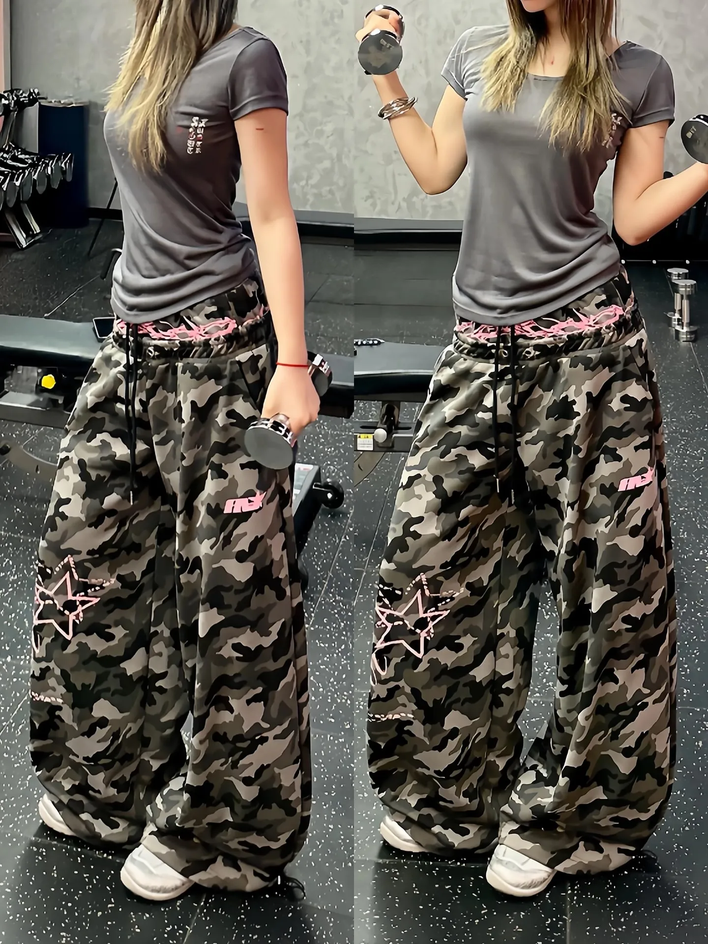 

American Retro Camouflage Wide Leg Pants Women Loose Casual Jazz Street Dance Pants Double Waist Floor Length Draping Pants