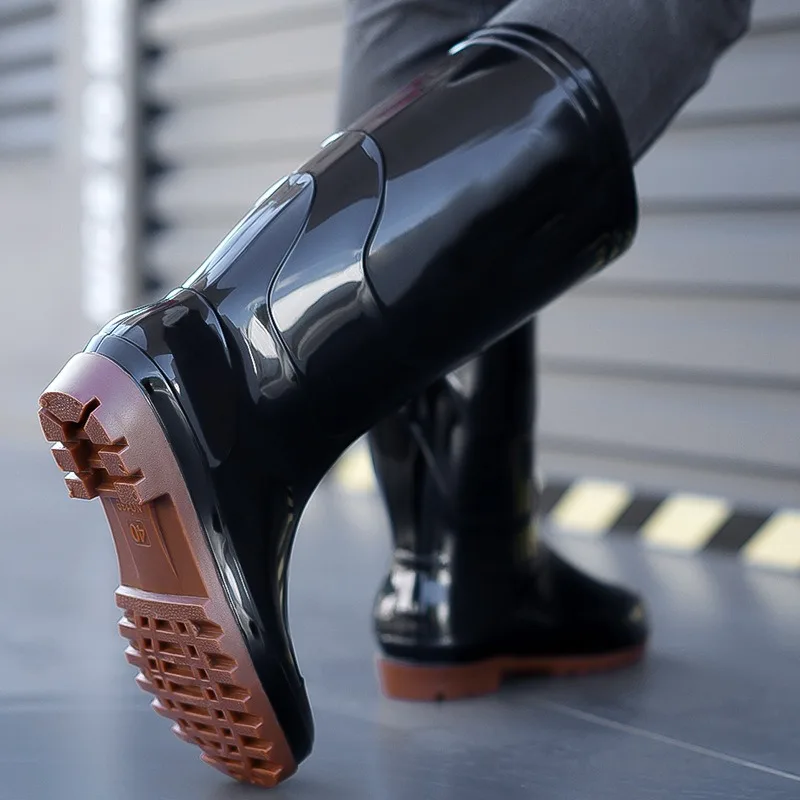 방수 하이튜브 블랙 바닥 레인부츠 남성용 전통 주방 고무 부츠 롱튜브 워터 슈즈 아웃도어 작업화