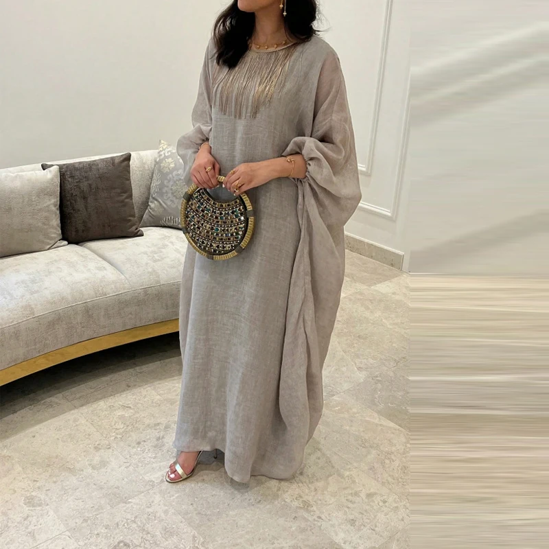 Elegancka jesienna sukienka z frędzlami z bawełny i lnu, wiosenna moda, luźna sukienka typu robe z dekoltem w serek, damska codzienna sukienka z rękawami nietoperzowymi, długa sukienka w jednolitym kolorze.