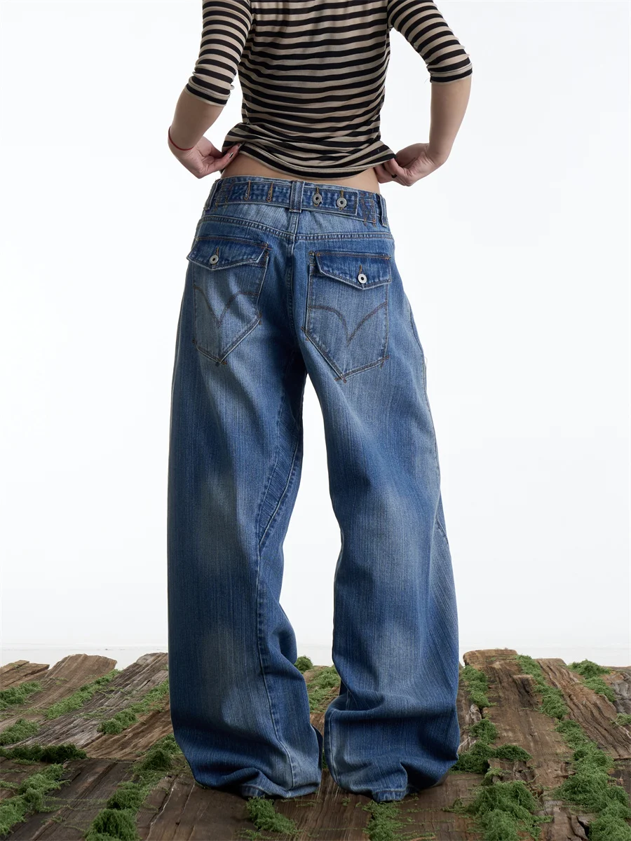 

Waed American Retro Paris Bule Design Wide Leg Jeans Women Loose Slimming Floor-Length Pants Casual High Waist Jeans