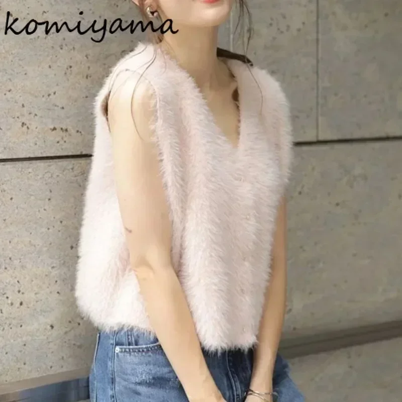 V Neck Plush Sweater Vest Japan Office Lady Sleeveless Tops Spring Single Breasted Clothes Women Basic Elastic Knitted Tanks