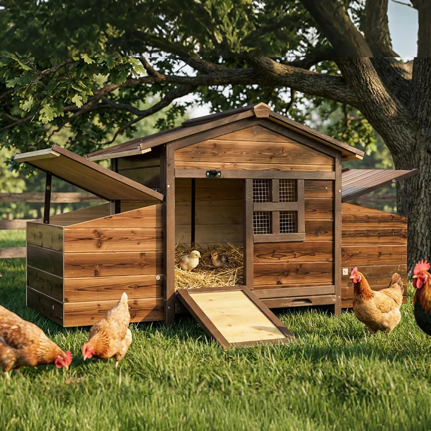 Wooden Chicken Coop with Nesting Box, Brown, Customized