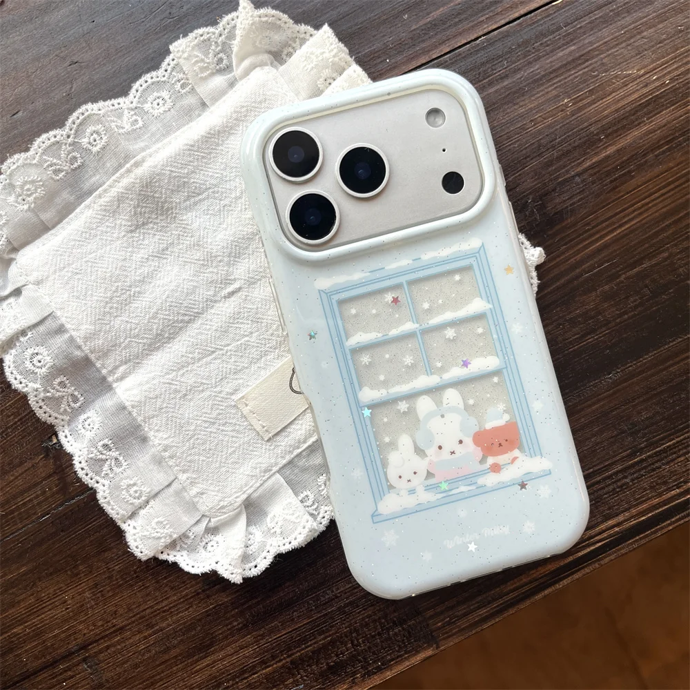 Winter Snow Bear Rabbit Glitter Phone Case for iPhone 17 Pro 14 15 Pro Max 16 Fundas with Plush Rabbit Strap Cute Protective Cov