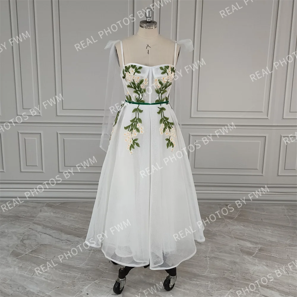 10247# Customzied Spaghetti Straps Embroidery Flowers Leaf Tulle A-line Tea Length Wedding Party Evening Dress Women Prom Gown