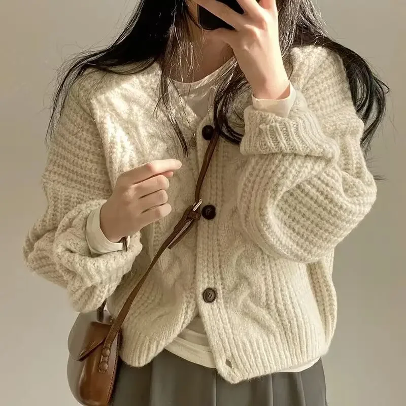 Pink Twist Thicken Knitted Cardigan Women Autumn Winter  Vintage Loose Sweater Single-breasted Streetwear Chic Knitwear