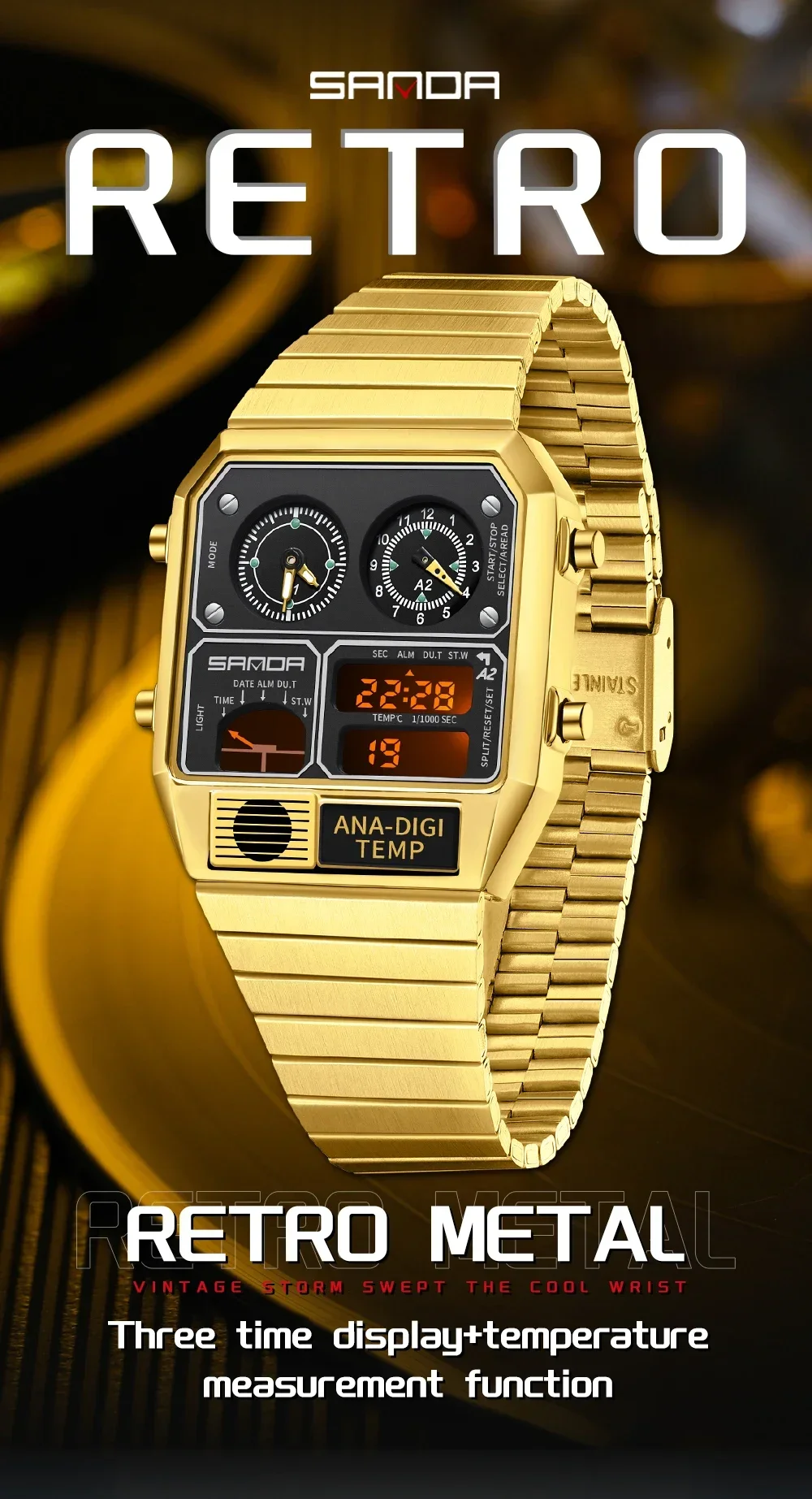 SANDA 3192 Quadratische elektronische Uhr für junge Männer, lässige multifunktionale Armbanduhr mit Thermometer, Stoppuhr, Chronograph – Detail 1