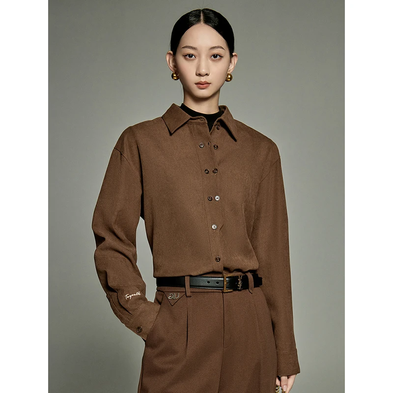 TOYOUTH Women Shirt 2024 Autumn Long Sleeve Polo Neck Loose Blouse Asymmetric Placket Fashion Commuting Coffee Warm Tops