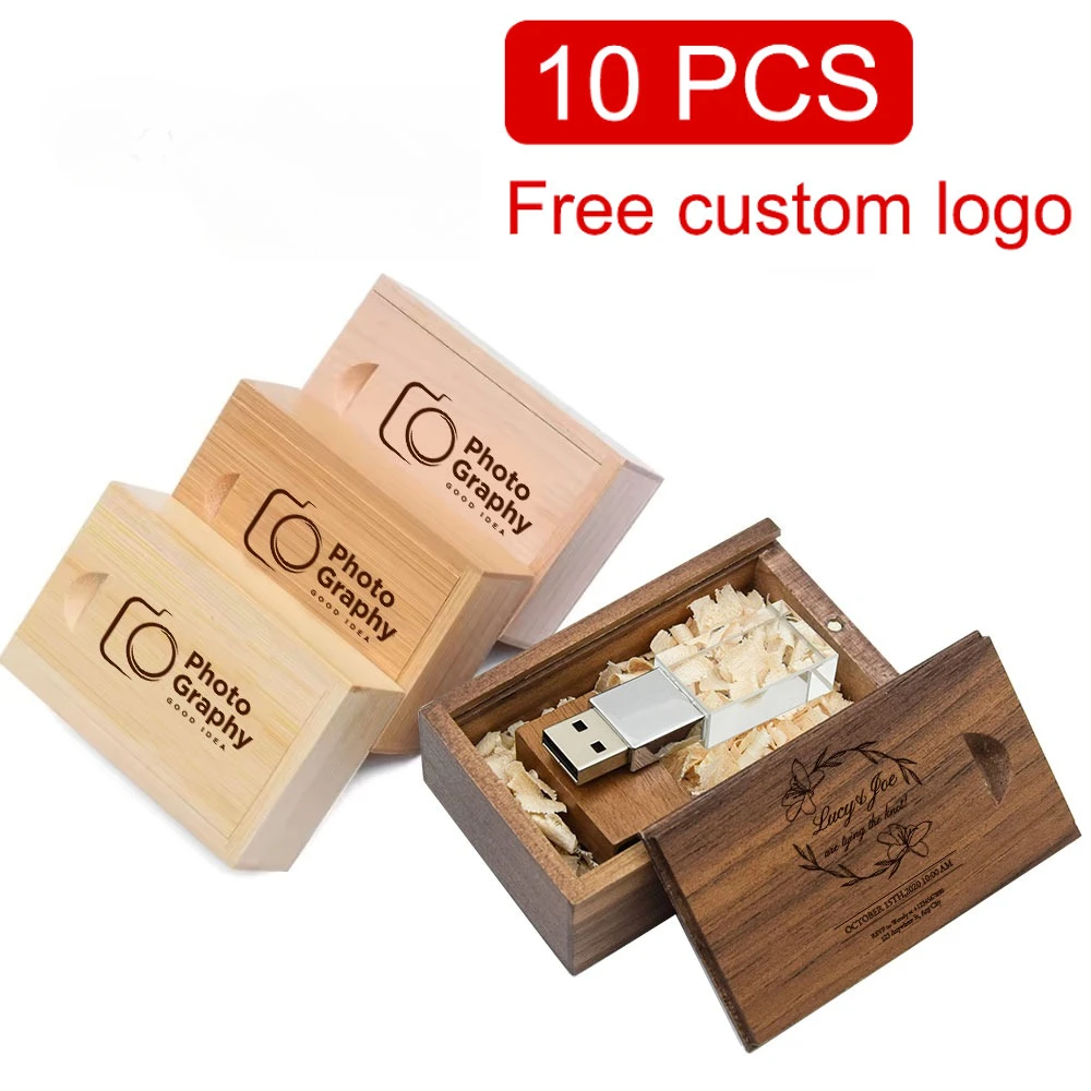 

10 PCS LOT USB 2.0 Flash Drive Crystal Wooden Box 4GB 8GB Memoy Stick Maple Free Custom Logo Pen Drive Creative Gift 16GB