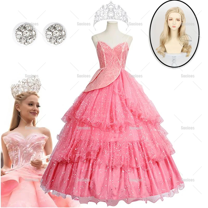 

Костюм для косплея Wicked Glinda из фильма, парик, серьги, корона, розовое платье, танцевальная вечеринка на Хэллоуин для женщин и девочек, ролевая вечеринка