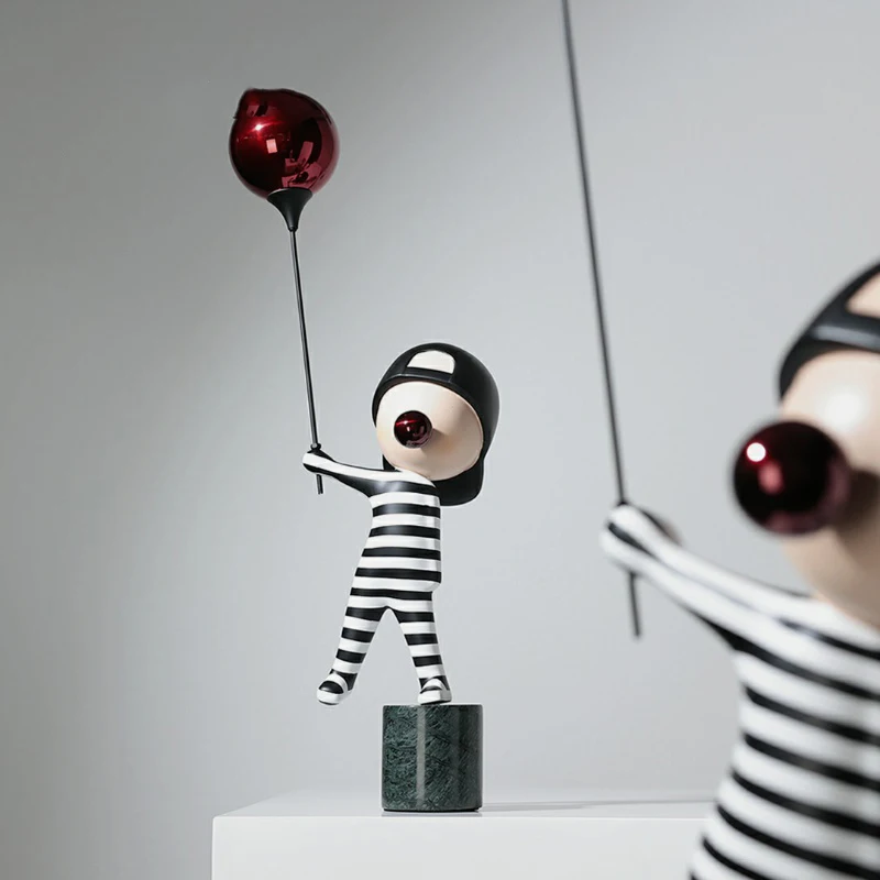 Creative Striped Boy Holding Balloons And Blowing Bubbles Figurine Home Decor Art Sculpture Living Room Desk Decoration Gift