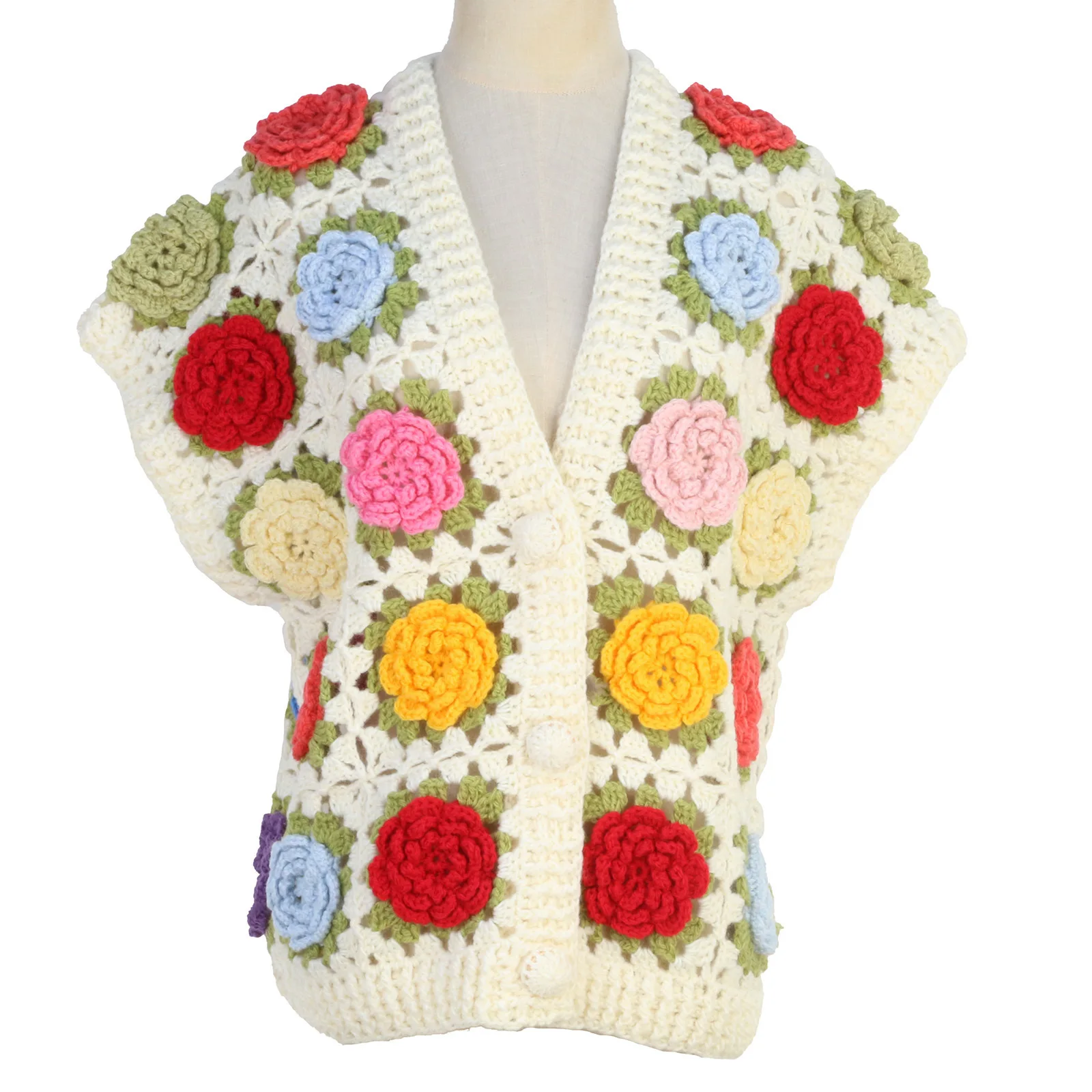 

2025 праздничный богемный трехмерный вязаный топ с v-образным вырезом и ручным крючком, весенне-осенний вязаный кардиган, жилет