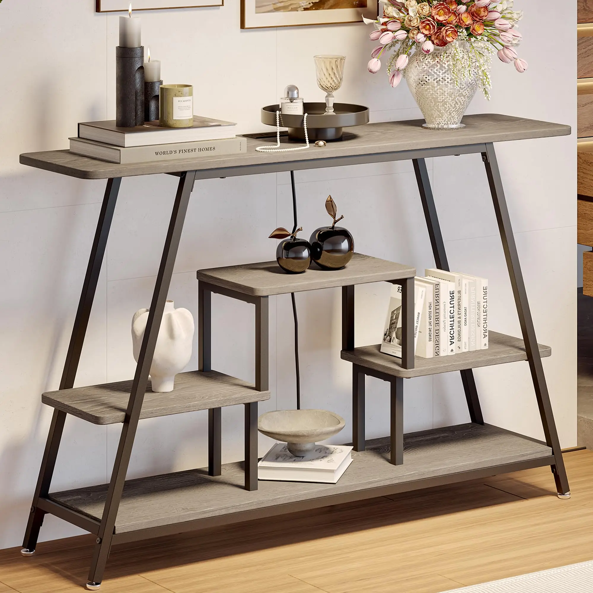 

47.2" Narrow Entryway Table With Power Outlet 4-Tier Console Table With Storage Small Sofa Table For Entryway Linving Room Foyer