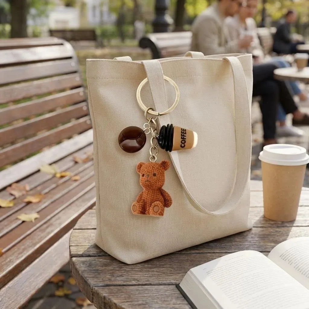 

Kawaii Coffee Theme Keychain with Teddy Bear Charm Resin Coffee Cup Bean Key Ring Bag Pendant for Students Women Gift