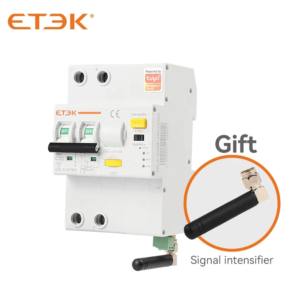 

ETEK Tuya APP Wifi Smart RCBO 1P+N C32A/C63A 30mA Type A EKL5-63SM-1NC