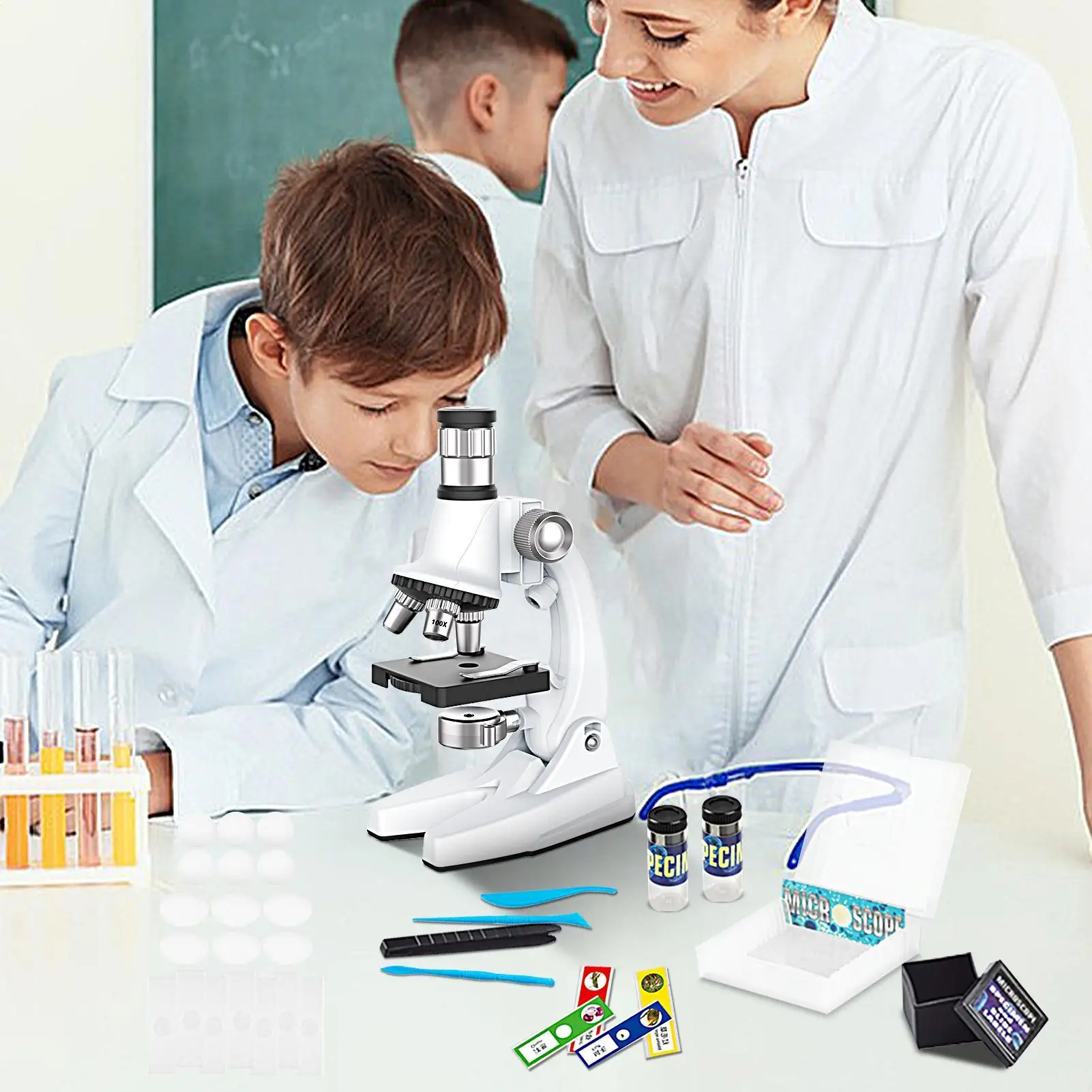 초보자 현미경 세트 100X-1200X 학습 어린이 현미경 과학 장난감 가정 실험실 교실 소년 소녀 학생용