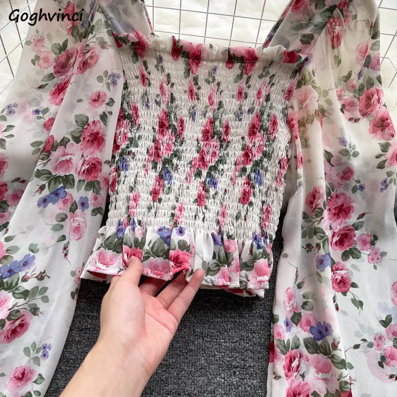 

Блузка женская облегающая в винтажном стиле, шикарная Повседневная Базовая Элегантная универсальная с цветочным принтом и рукавами-фонариками, на осень