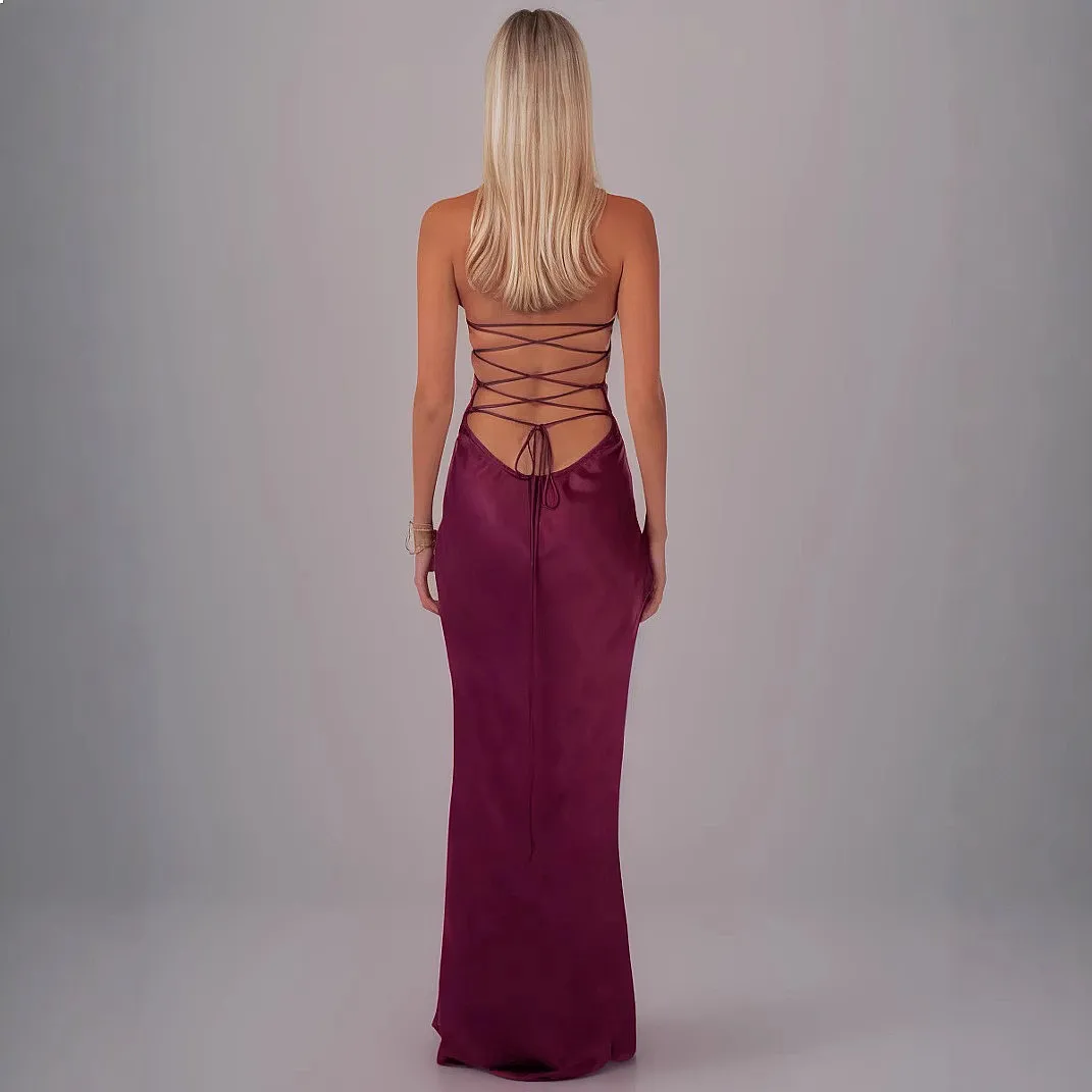 Sexy Sequin Satin Backless Bodycon Dress Summer Long Evening Dresses Matching Sets view 4