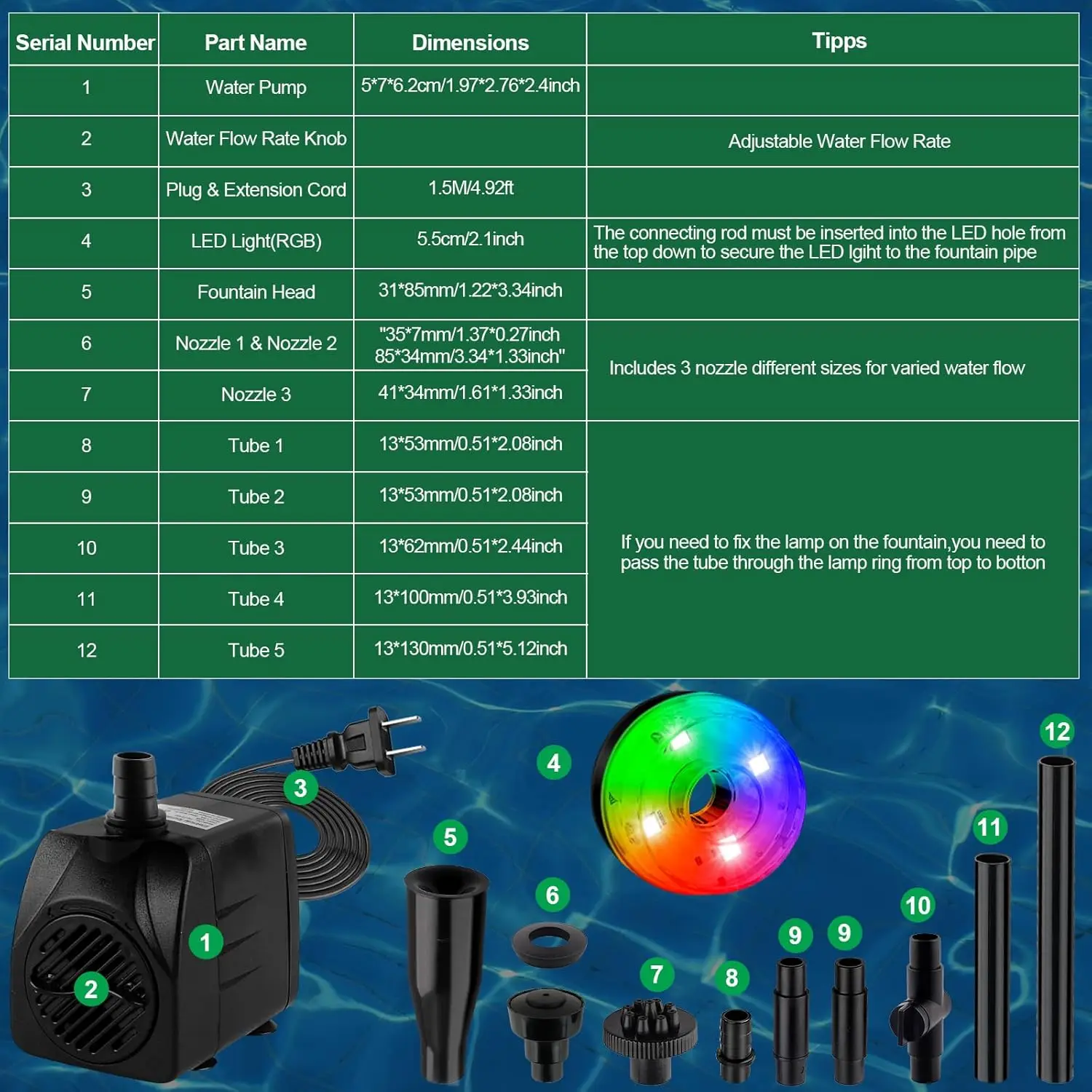 مضخة مياه غاطسة مع 3 أضواء LED ملونة 800L/H مضخة بركة صغيرة لميزة المياه خزان حوض أسماك نافورة خارجية #3