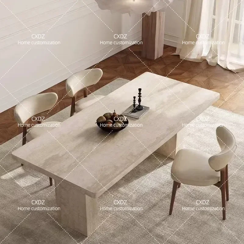 Modern Travertine Stone Slab Dining Table Rectangular Simple Style Small Apartment Household Furniture