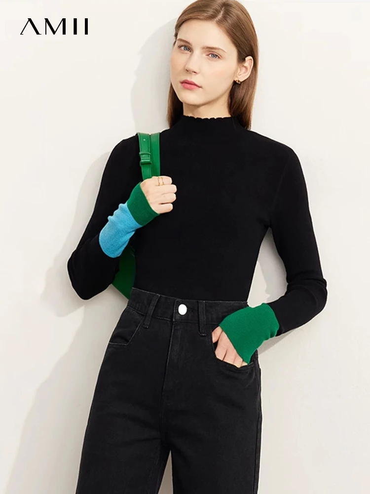 AMII Minimalist 2023 Winter New Sweaters for Women Office Lady Basics Half High Collar Color Contrast Slim Pullovers 12324067