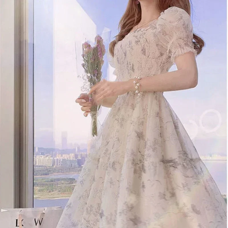 Casual Floral Party Dress Spring Summer Chiffon Long Dress French Elegant Fairy Dresses Korean Women Bohemian Vestidos Y2k 원피스