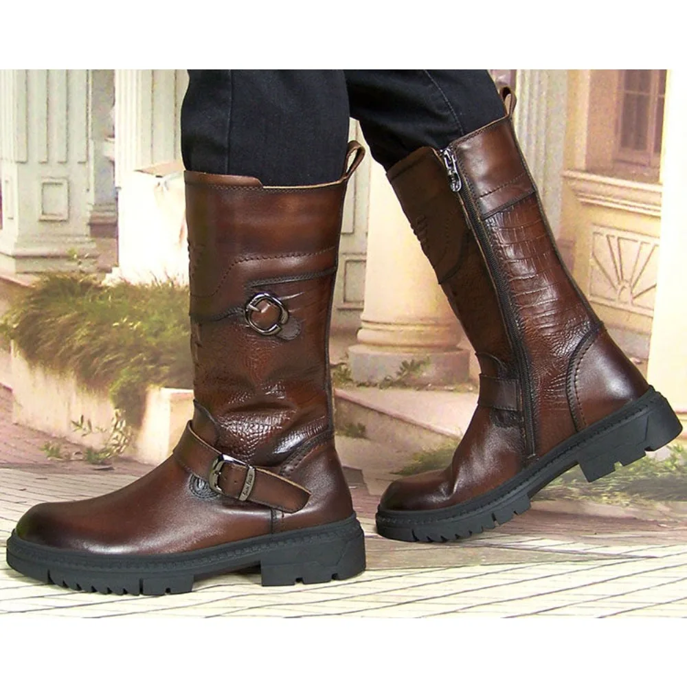 Fashion Men's Genuine Leather Motorcycle Boots Guard of Honor Horse Riding Boots Mid-calf Zipper Brown Outdoor Equestrian Shoes