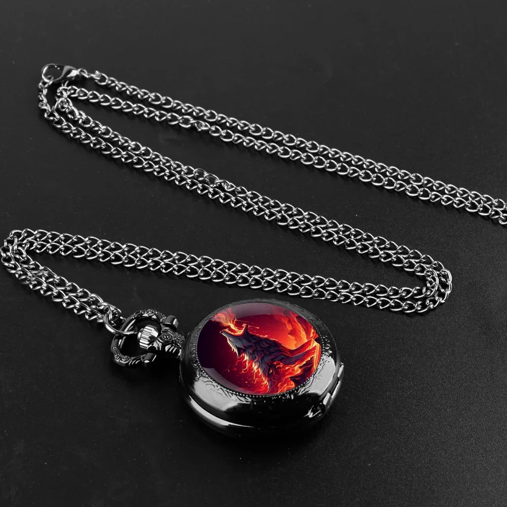 Fireburst Wolf Design นาฬิกาพ็อกเก็ตควอตซ์ Vintage Chain ตัวเลขภาษาอาหรับสําหรับผู้ชายและผู้หญิงของขวัญสร้างสรรค์