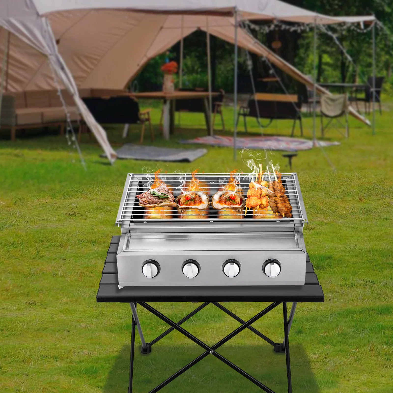 Gas Roasting Dish Gas Grill 4 Burners Stainless Steel BBQ Table LPG Gas Grill with Removable Grill 58 x 40 x 20 cm