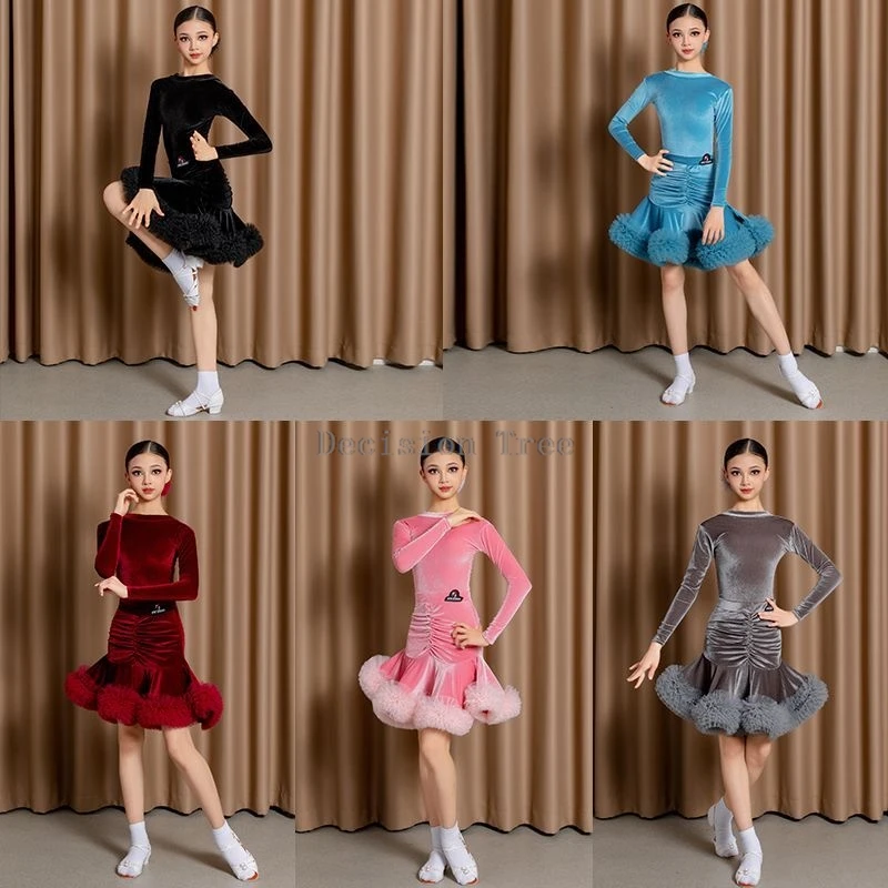2025 new autumn and winter children's velvet latin dance costumes girls' practice costumes performance latin dance dress sets