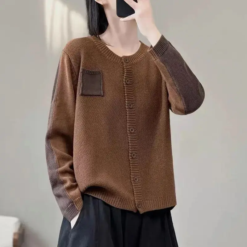 Vintage Autumn/Winter New Sweaters Cardigan Coat Women\'s O-Neck Contrast Color Patchwork Button Fashion Long Sleeve Knitted Tops