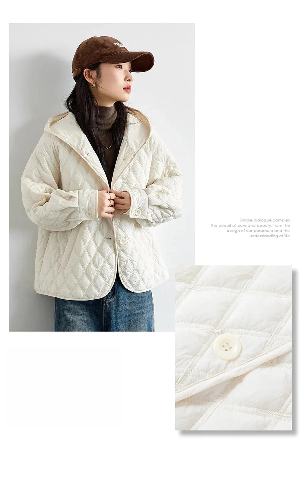 VIMLY Women's Beige Quilted Puffer Jackets Casual Long Sleeve Short Hooded Parkas Loose Pocket Coats 2026 Winter Clothes M9530