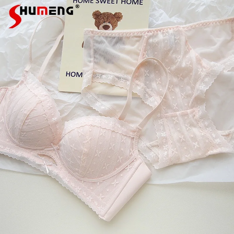 

French Bowknot Lace Sweet Girl Bra Set Wireless Small Chest Push Up Sexy Brief Suits Women's Japanese Style Sweet Underwear