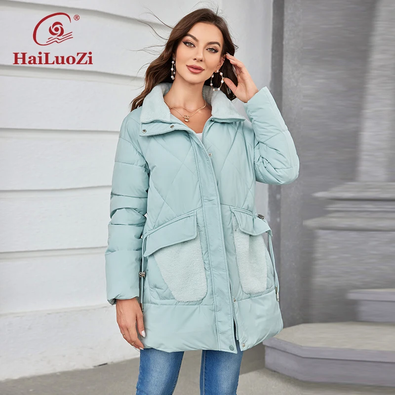 HaiLuoZi 2023 New Women Winter Jacket Short Warm Female Outwear Hooded Side Pockets With Fur Solid Color Women\'s Coat 1155