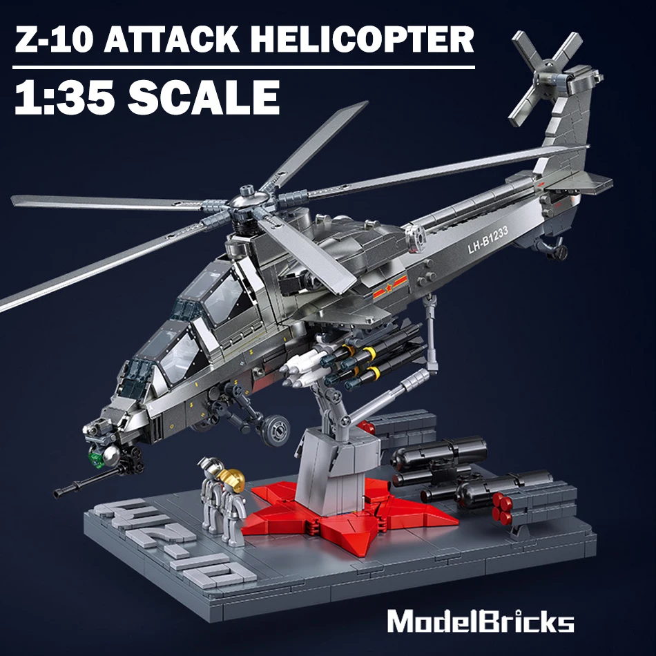 

Военные пистолеты WW2 Z-10, модель вертолета, строительные блоки, набор MOC, стенд, армейский самолет, кирпичи, игрушки для детей, взрослых, подарок