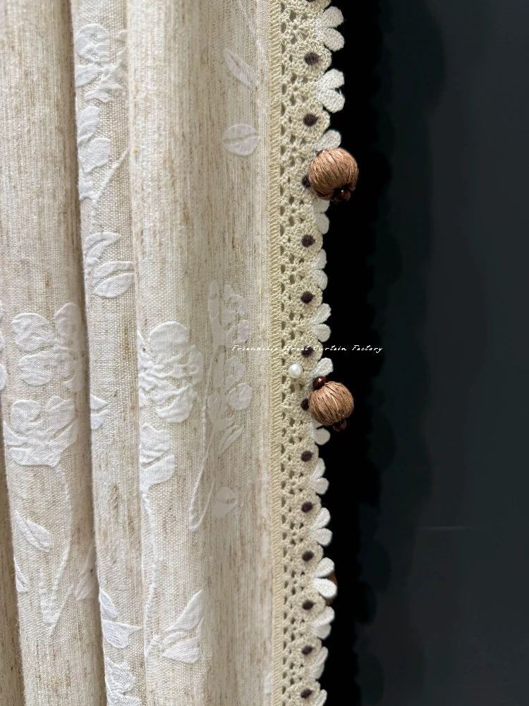 French Cotton Hemp Rose Jacquard Milk Tea Color Thick Curtains for Living Room Bedroom Partition Curtain Customization