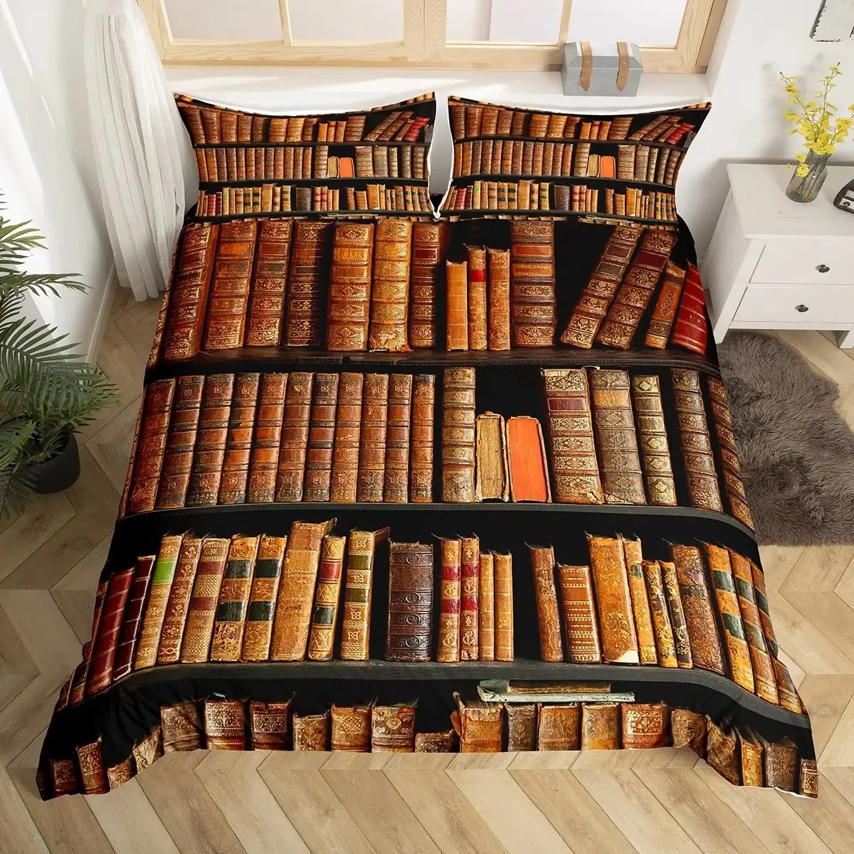 Books Lovers Gift Duvet Cover Set Full Size,Readers and Literary Lover Bedding Sets,Vintage Librarians Bookshelf Comforter Cover